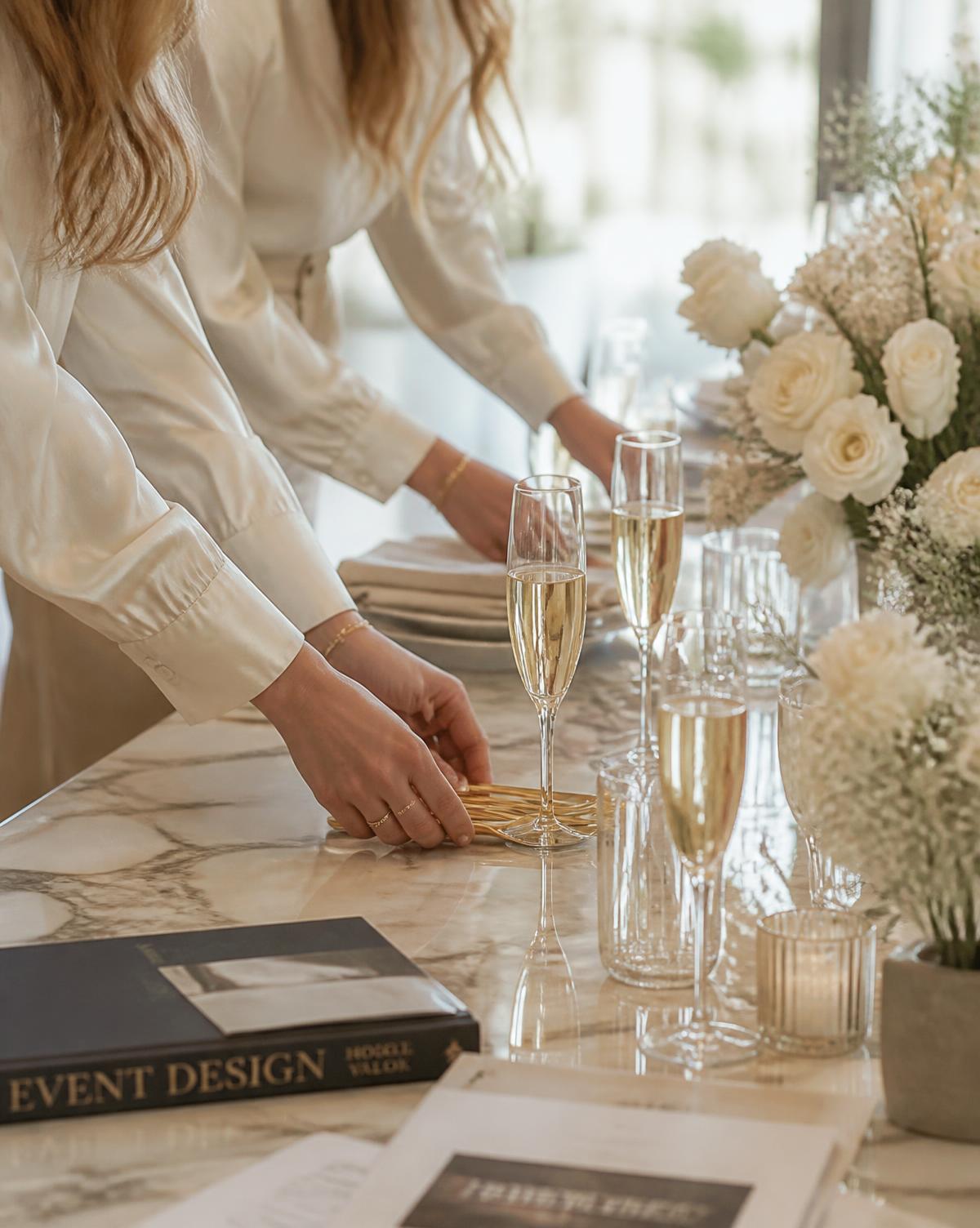 Detalle de montaje elegante con cristalería y flores blancas