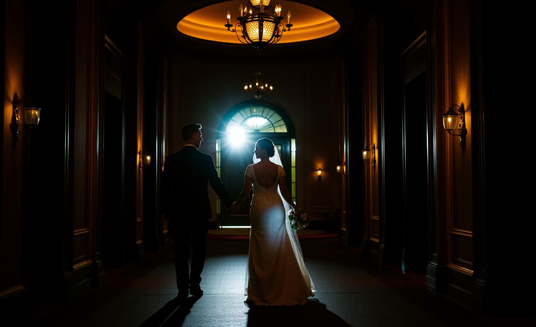 Novios caminando por el salón iluminado